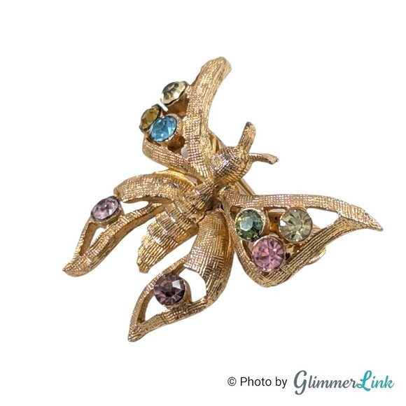 Vintage Butterfly Multicolor Pastel Rhinestone Dainty Figural Gold Tone Brooch - Picture 3 of 8